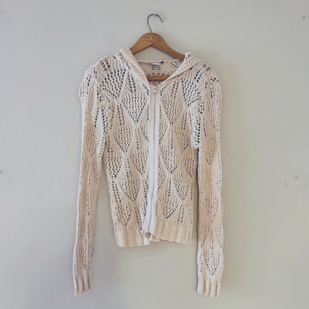 CAbi Open Knit Zipped Hooded Cardigan, Cream, Sz M